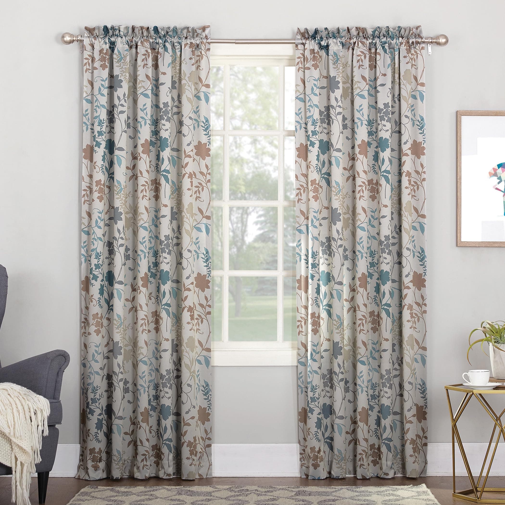 Sun Zero Kara Floral Print Energy Efficient Rod Pocket Single Curtain Panel, 54" x 84", Stone