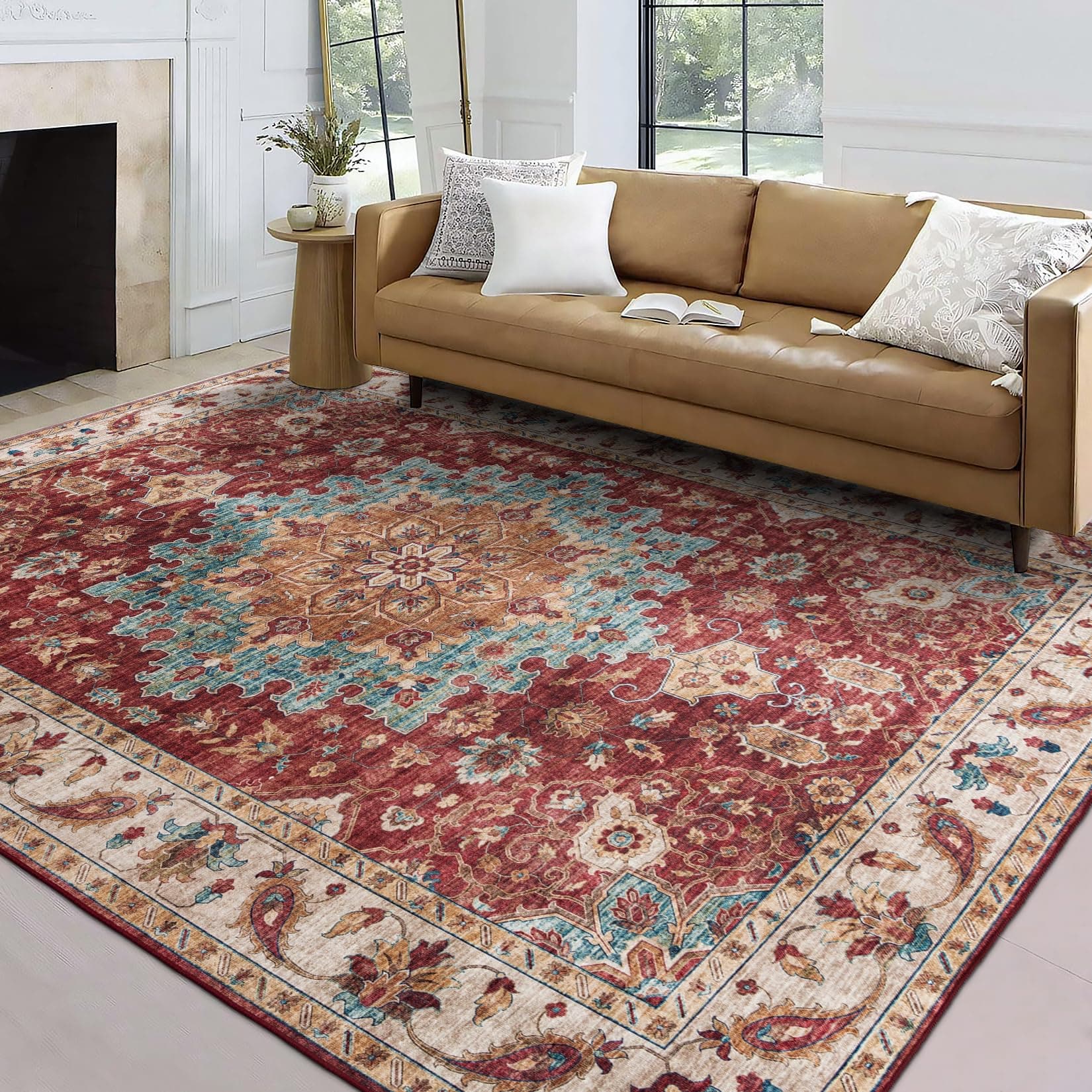 ReaLife Machine Washable Area Rug - Living Room Bedroom Bathroom Kitchen Entryway Office - Padded Low Pile Stain Resistant Premium - Boho Farmhouse Vintage - IKE - Red Blue Beige 7'6" x 9'6"