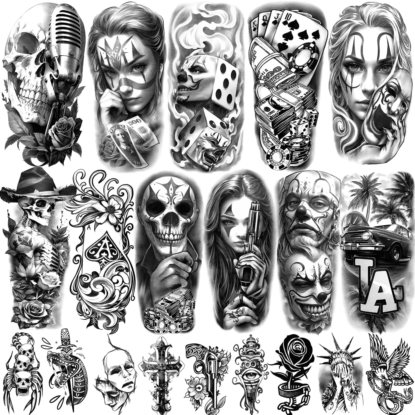 77 Sheets Temporary Tattoos, Chicano Large Fake Tattoos Chicano Guadalupe Gangster Prisoner Day of the Dead, Lowrider Style Culture Mexico Clown Fake Tattoo Stickers for Men Women Adults