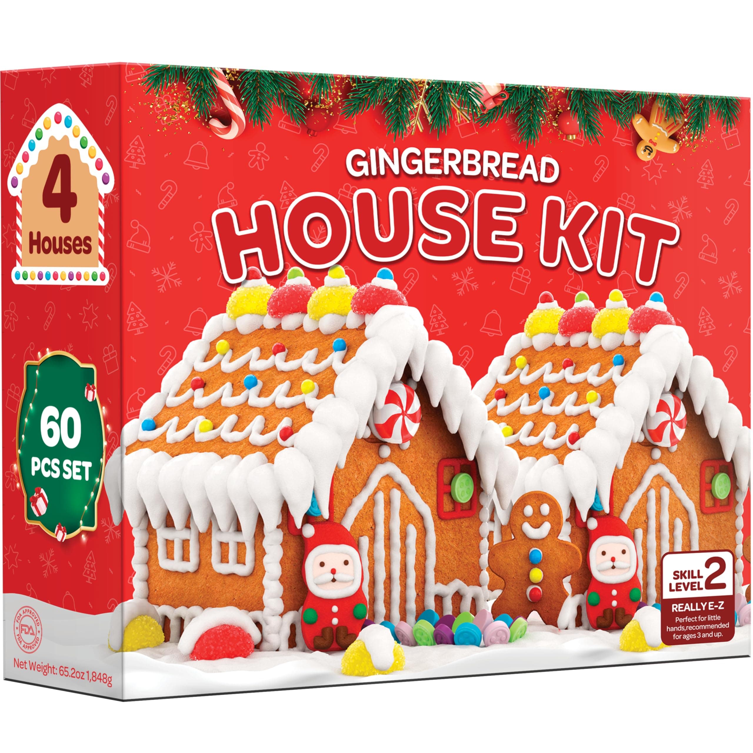 Gingerbread House kit [Set of 4] DIY Gingerbread House, Fun Holiday Activity for Kids, Ease Crafted Grooves Decor Kit of 4 Houses/8 ppl/Fondant/Snowflakes/Candies/Jellies/Beads/Buttons/Tray 60 Pcs Set