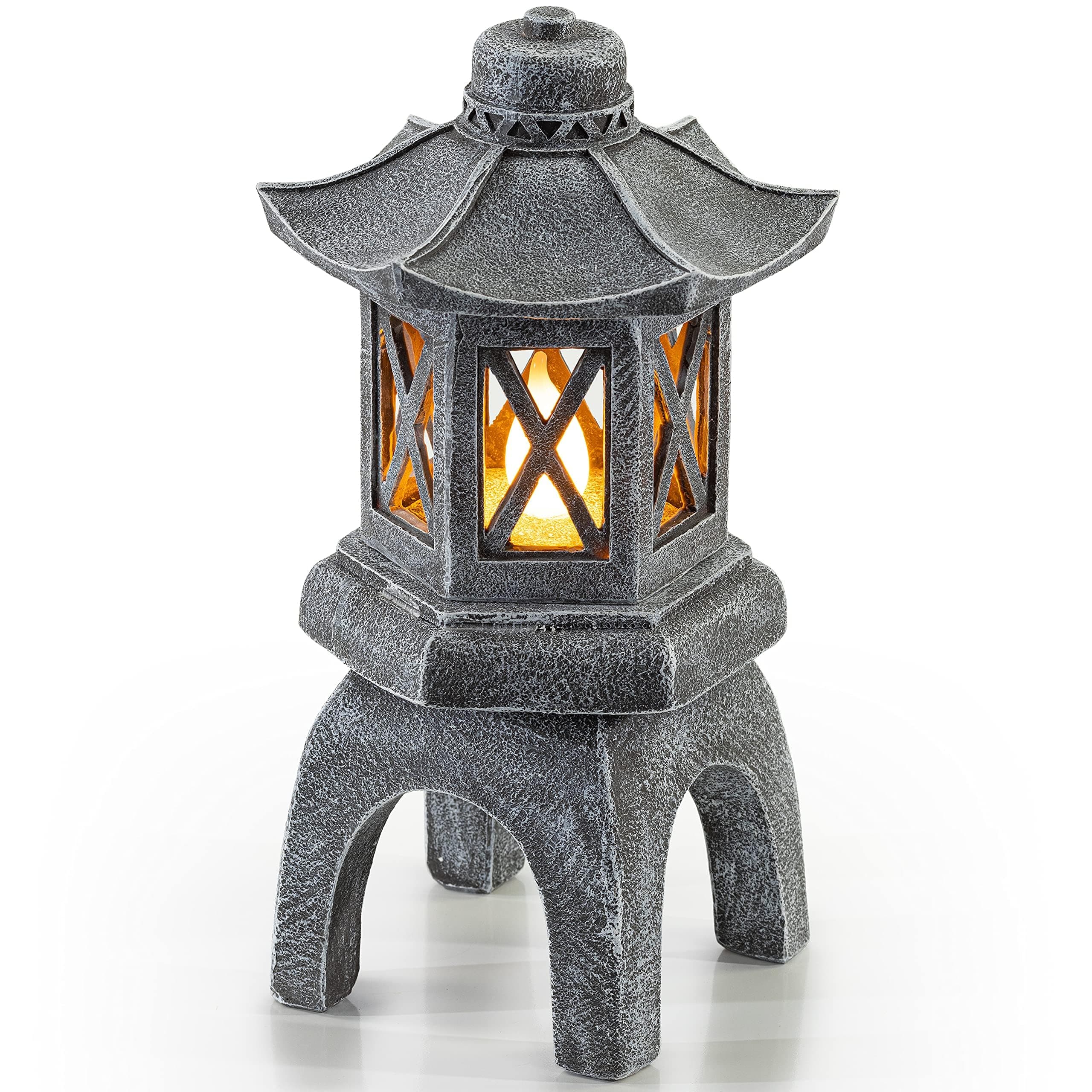 VP Home Solar-Powered Pagoda Garden Statues - Japanese Zen Lantern Outdoor Decor with Flickering LED Light - Durable Polyresin for Yard, Patio, or Garden - 12 x 7 x 6 Inches (Zen Garden Pagoda)