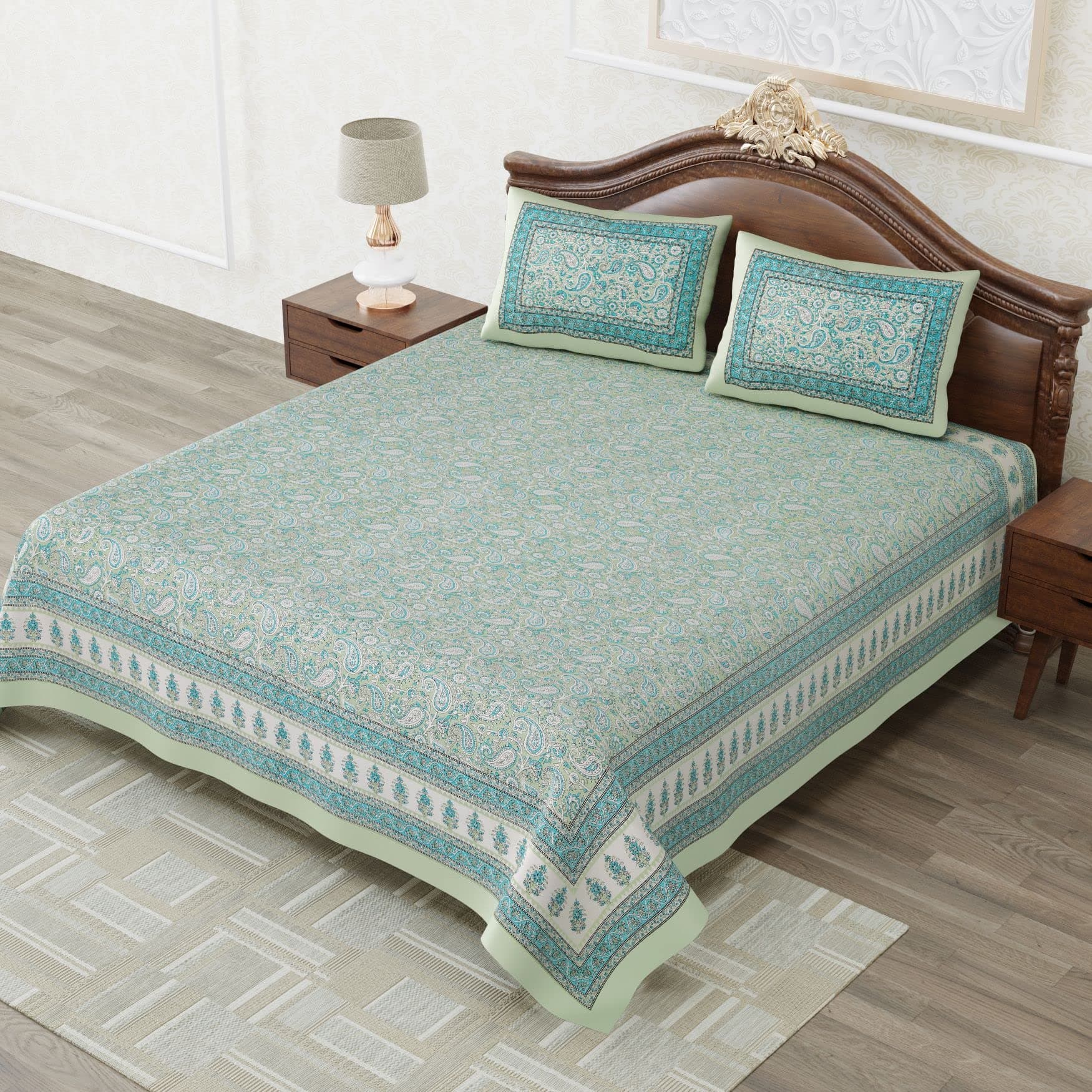 Joule & Torr Handblock Print 120 TC Cotton Queen Size Bedsheet(90*108) - Sage Green