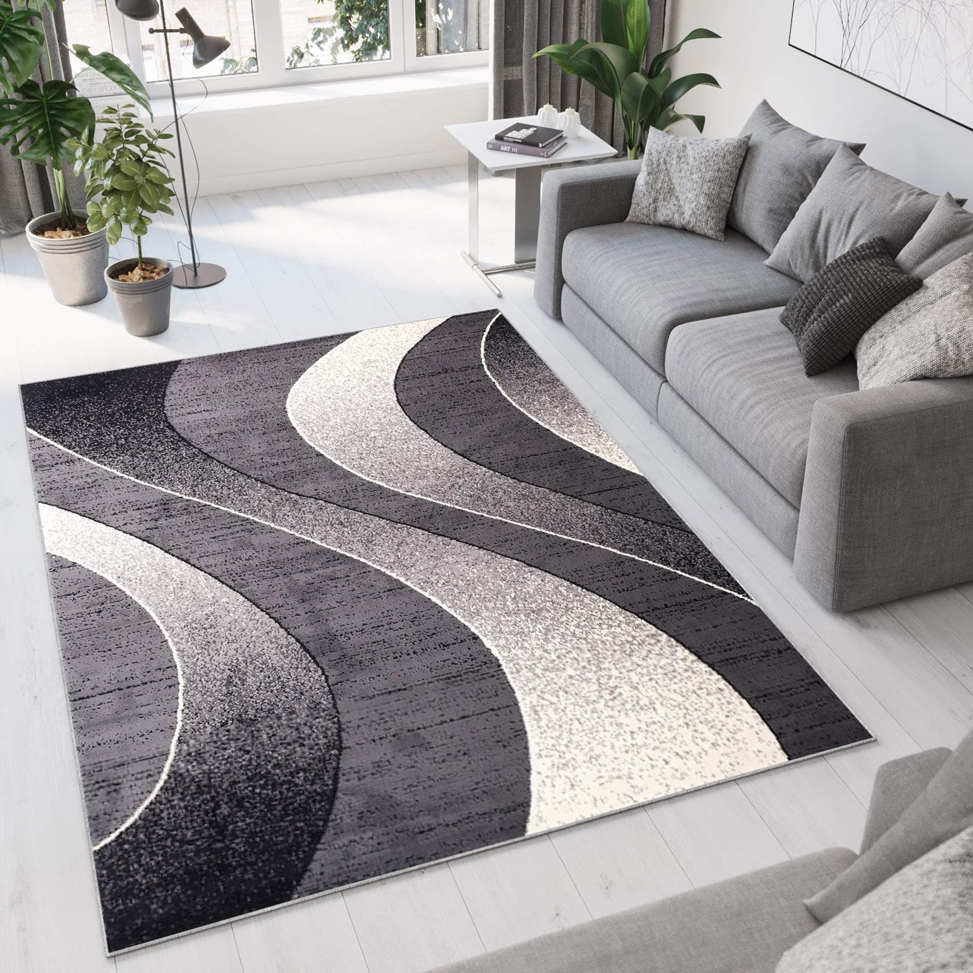 TAPISO Dream Area Rug Living Room Bedroom Modern Short Pile Dark Grey Waves Durable Carpet Size - 160 x 220 cm (5ft3 x 7ft3)