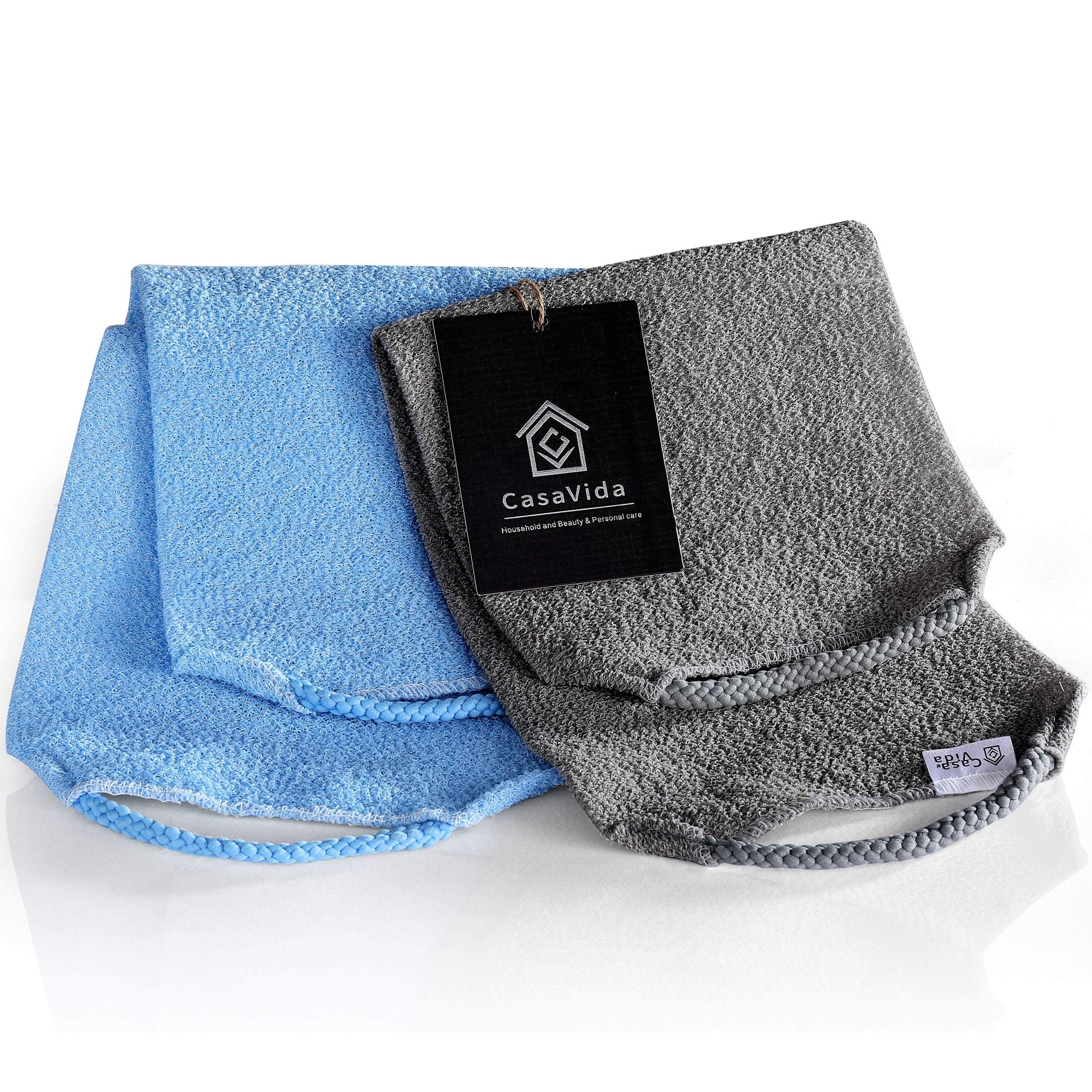 CASAVIDABack Scrubber for Shower Nylon Bath Towel Washer Exfoliating Washcloth Rear Japanese Stretchable Strap Wash Cloth Body Exfoliation 2 Pack (Gray + Blue)