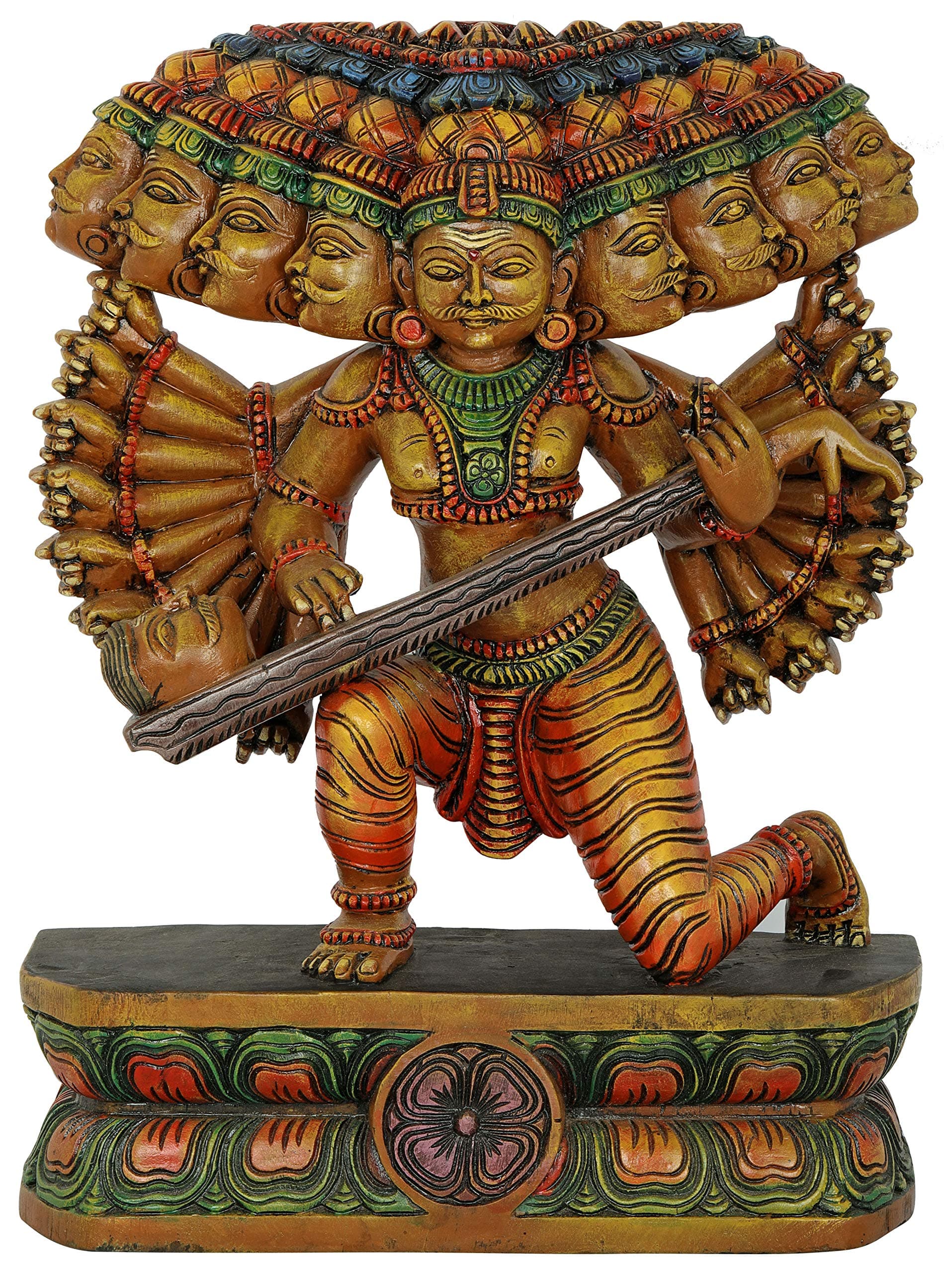 Exotic IndiaRavana Offering Tenth Head As a Veena To Bhagawan Shiva - Wood Statue