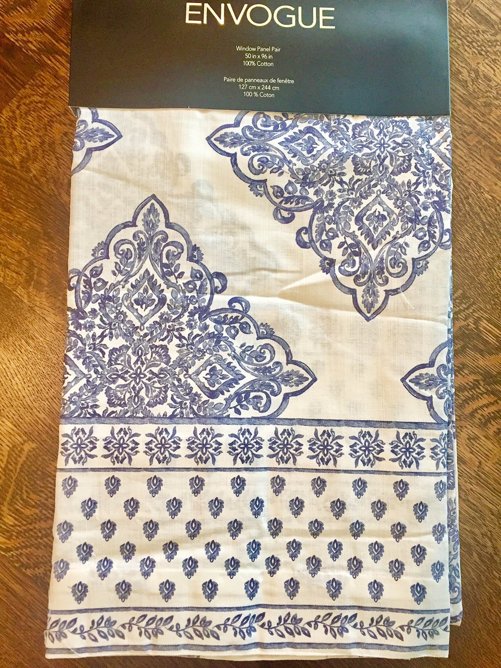 ENVOGUE Blue White Damask Medallion Window Panels Drapes Set 2 NEW 50x96