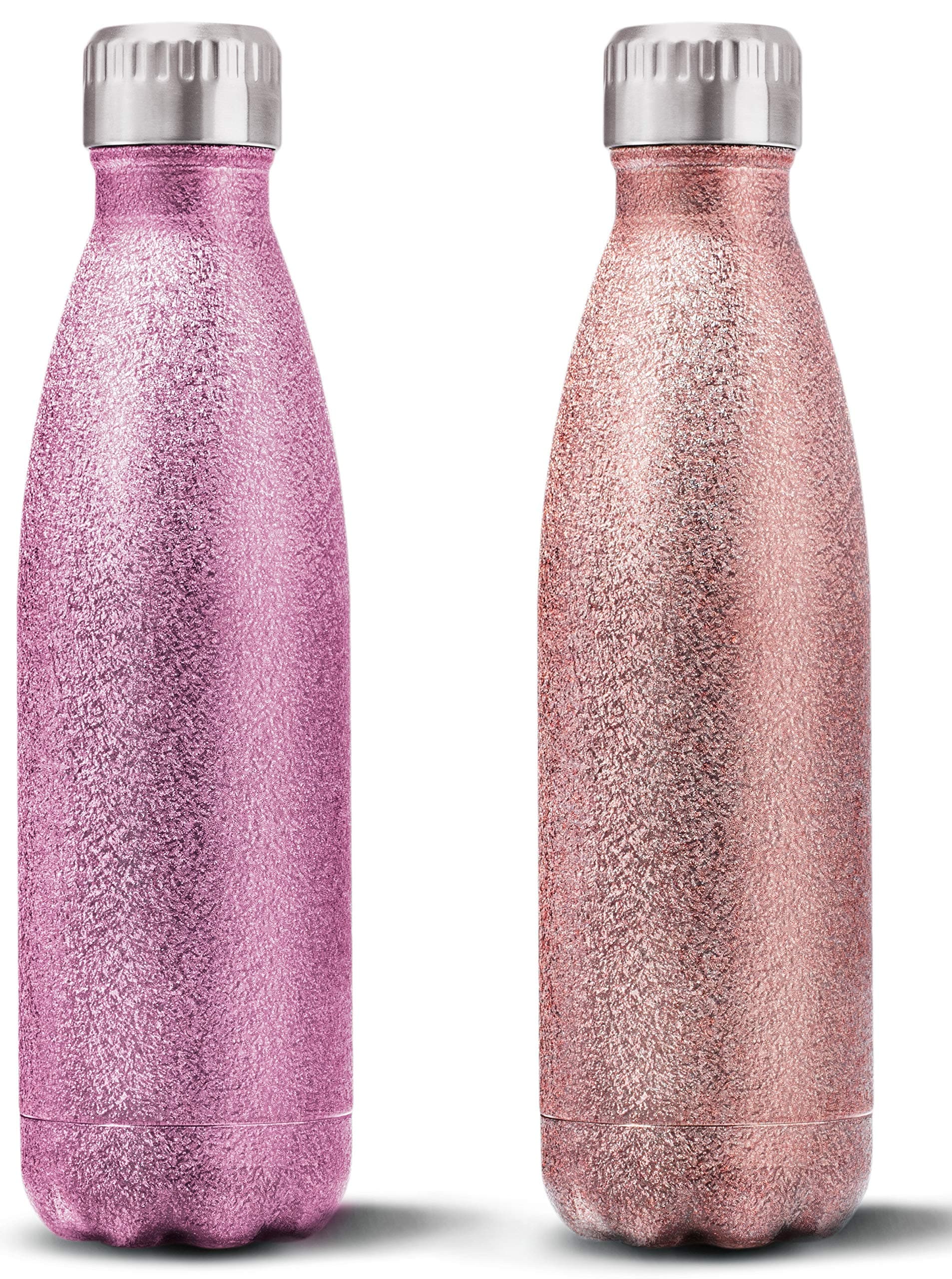 Set of 2 - Pink Glitter and Champagne Glitter Water Bottles - Reusable Sparkly Bottles- Stainless Steel Bottles Vacuum Insulated, Double-Walled to Stay Hot or Cold