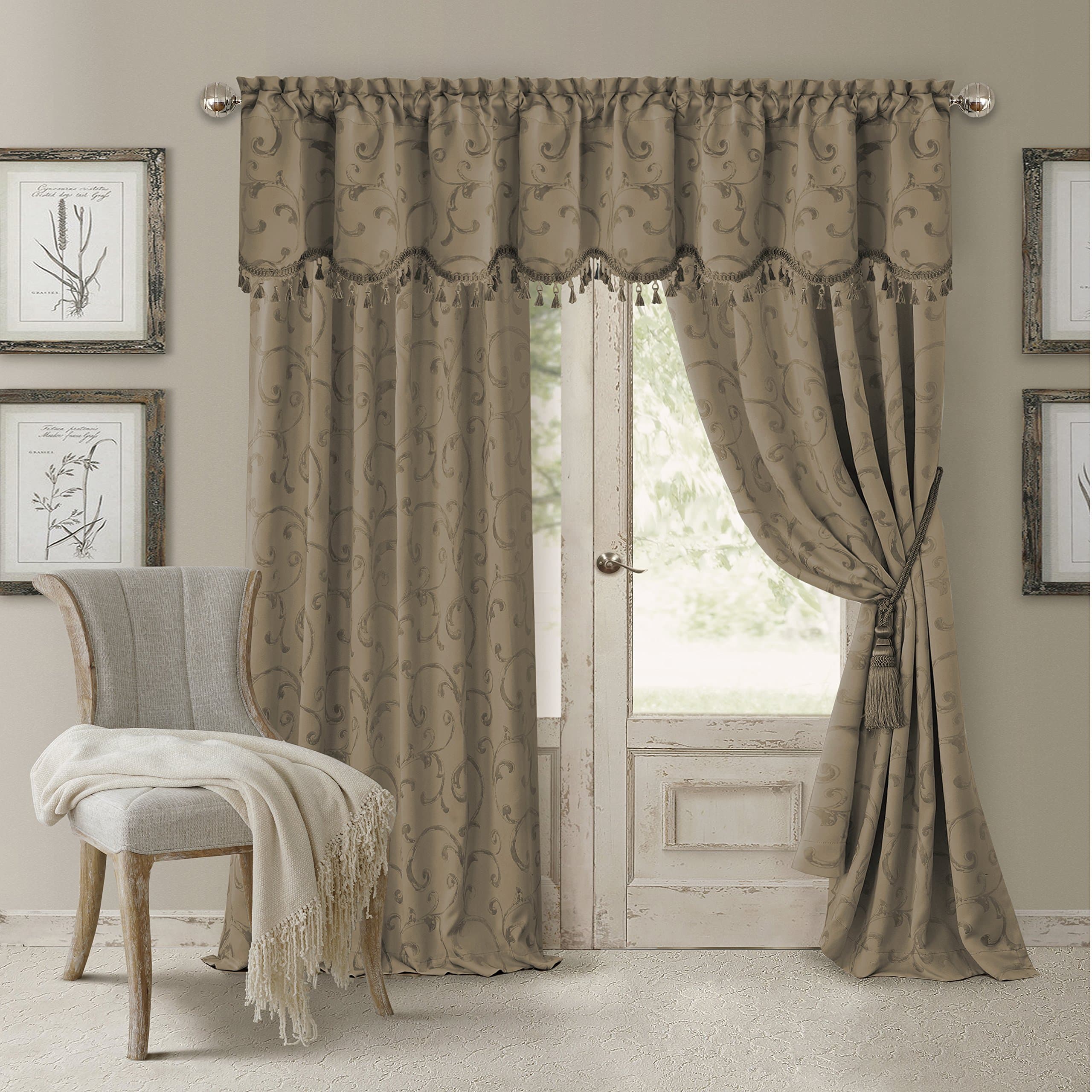 Elrene Home Fashions Mia Jacquard Scroll Blackout Valance, 52" x 19" (1 Valance), Taupe