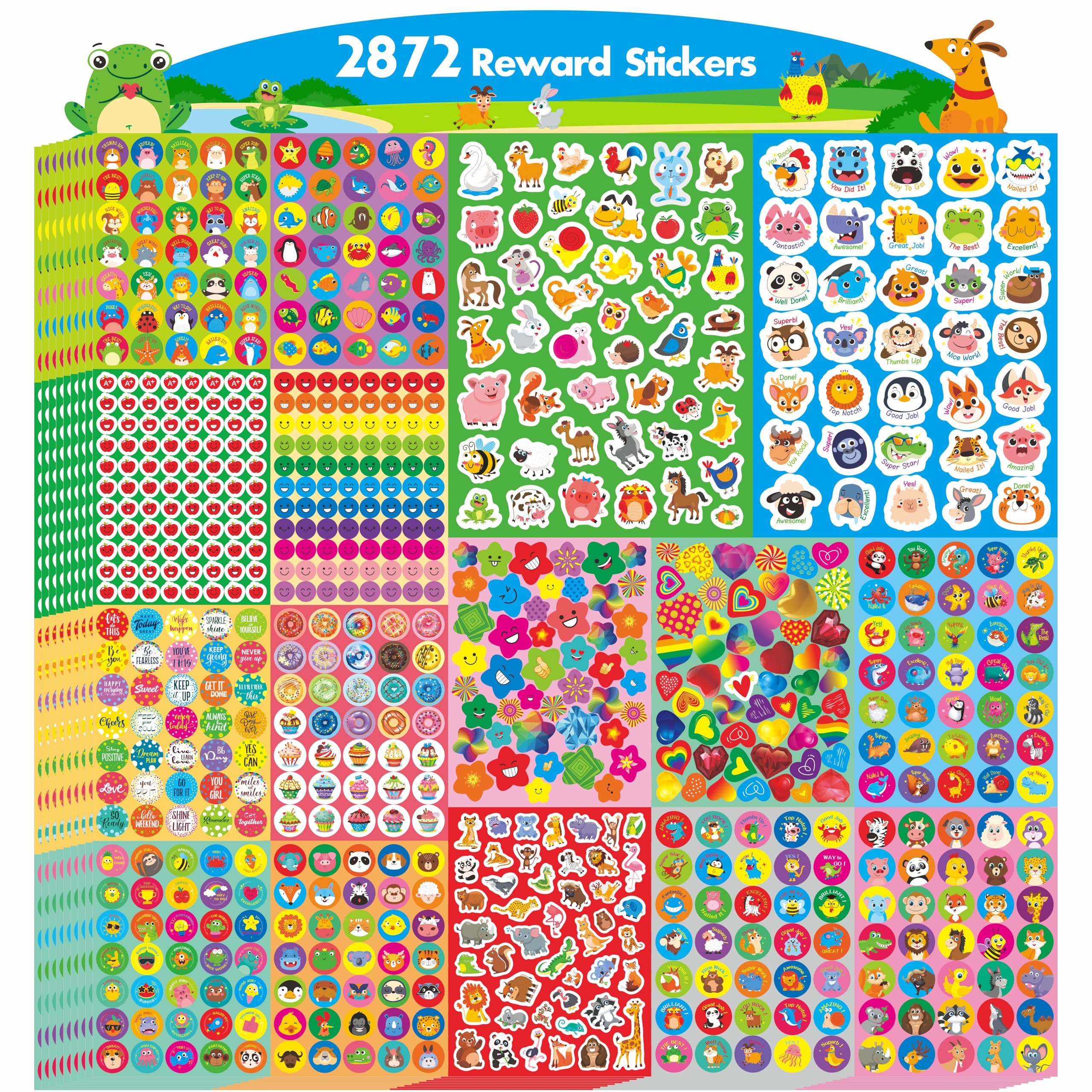 2872 Large Incentive Stickers, 64 Sheets Round Encouragement Stickers, Animals Donuts Cupcakes Stars Hearts Motivational Teacher Classroom Reward Gifts Encourage Kids to Do Chores Go to The Toilet