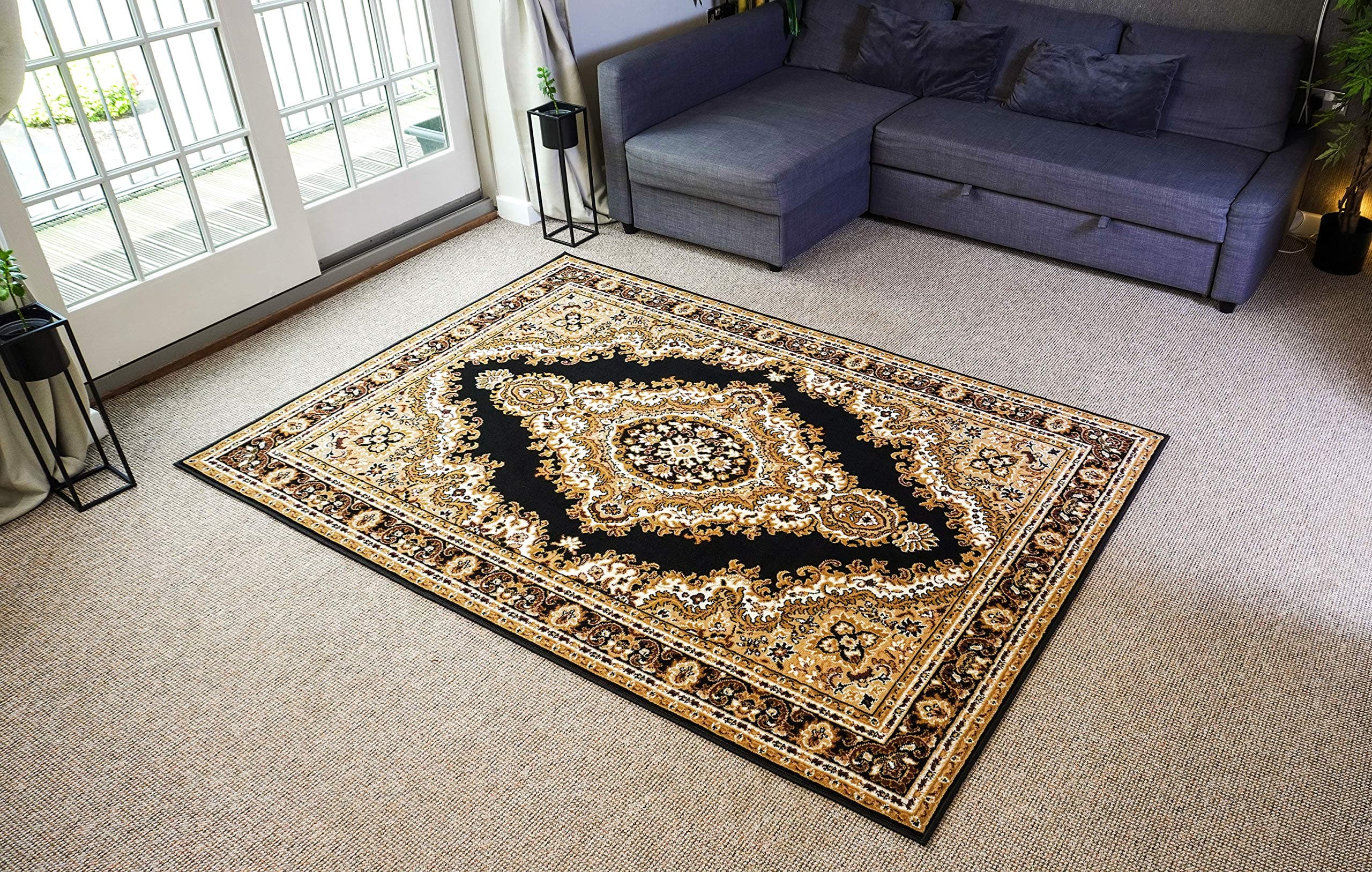 Bravich Traditional Extra X-Large Oriental Floral Black & Gold Medallion Design Patterned Soft Hardwearing Bedroom Rug Mat Living Room Area Rug Carpet 280 x 365 cm (9ft4 x 12ft)