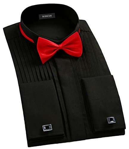 NIDICUS Men Tailored Slim Fit French Cuff Wing Tip Tuxedo Shirt With Bow Tie Black XS