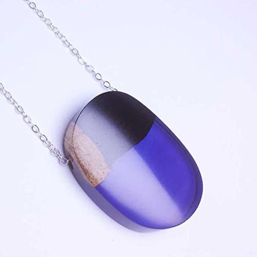 Targe shape pendant / necklace handmade from hero wood and blue purple hermosa resin。Made in China。
