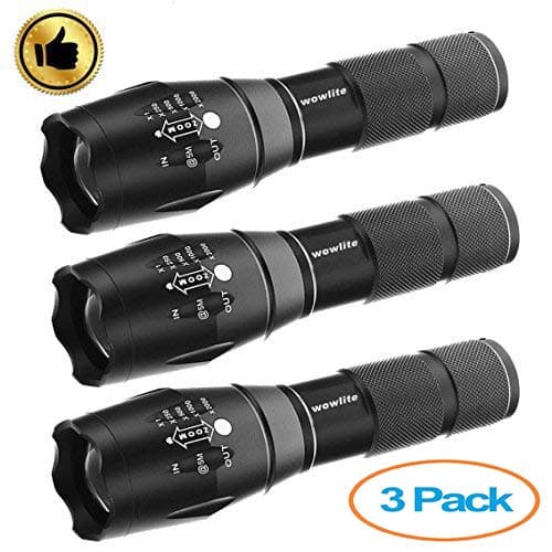 3Pcs Tactical Flashlight, Wowlite 1600 LM Ultra Bright - CREE XML T6 LED Taclight As Seen On Tv with 5 Light Modes and Adjustable Focus for Emergency Camping Hiking