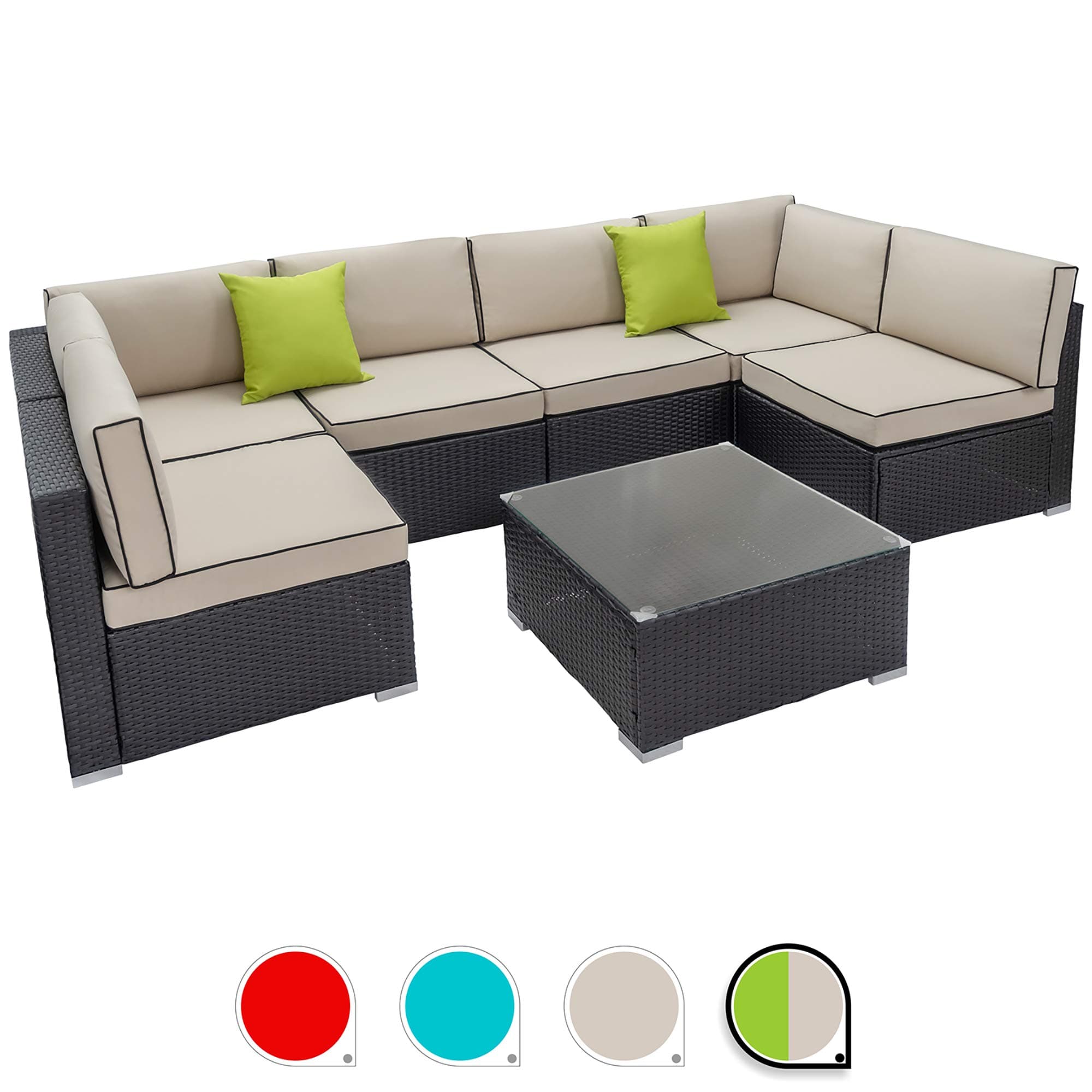 Walsunny 7pcs Patio Outdoor Furniture Sets,Low Back All-Weather Rattan Sectional Sofa with Tea Table&Washable Couch Cushions (Black Rattan) (Khaki/Black)