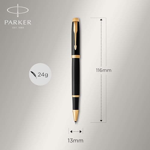 PARKER IM Rollerball Pen, Black Lacquer Gold Trim with Fine Point Black Ink Refill, Gift Box (1931659)