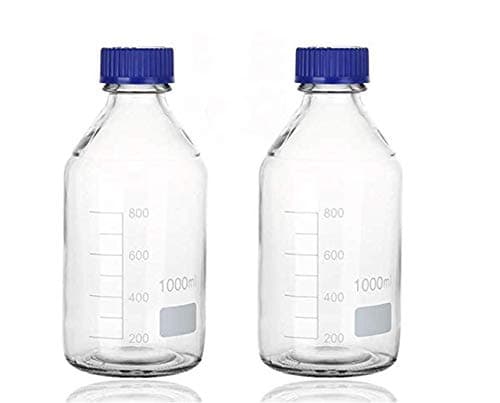 1000 ML Thick Glass Round Media Storage Bottles with Blue GL45 Screw Cap Pk/2 Thick Graduated Borosilicate Pyrex Glass Container