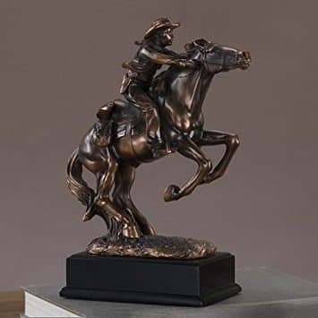 Bronze Finish Electroplated Western Cowboy Riding a Rearing Horse Statue Figurine