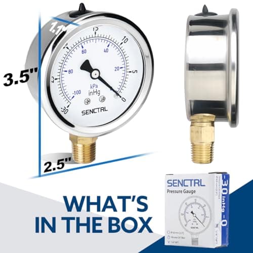 SENCTRL 30 inHg Vacuum Silicone Oil Liquid Filled Low Pressure Gauge, 2.5" Dial Size, 1/4" NPT Lower Mount, Stainless Steel Case, for Air Conditioning Manifolds, Car AC, HVAC, Air Pump Vacuum Test
