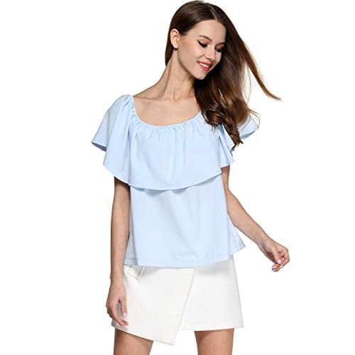 EOVVIO Women's Summer Ruffles Off The Shoulder Chiffon Tops Blouse (L, SkyBlue)