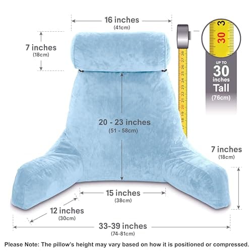 Husband Pillow XXL Sky Blue Backrest with Arms - Adult Reading Pillow Shredded Memory Foam, Ultra-Comfy Removable Microplush Cover, Detachable Neck Roll, Unmatched Support for Bed Rest Sit Up Pillow