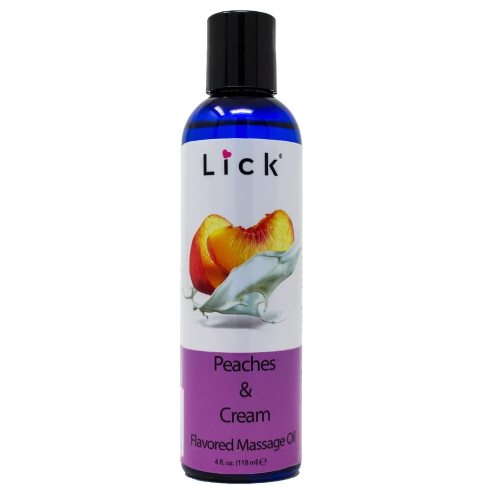 LICK Peaches and Cream Flavored Massage Oil with Vitamin E, Vegan Edible Body Massage Oil for Women and Men with Sweet Almond Oil, Relaxing and Non Sticky Full Body Massages 4 oz