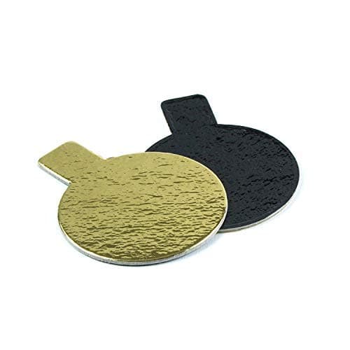 Round Pastry Board with Tab, Gold and Black, 2 Inch Diameter - Pack of 200