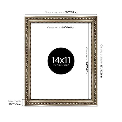 Almost Frameless 14x11 Gunmetal Ornate Picture Frame 14"x11"(35.6x27.9cm) Poster, Photo, Artwork, or Print. Shabby Chic Style Portrait and Landscape Display with Wall Hooks