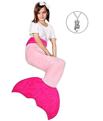 Maidream Mermaid Tail Blanket Upgraded Double-Layered Soft Cozy Fleece Warm Sleeping Bag with Necklace Gift for Kids Girls and Teens(Ages 3-12) (Light Pink/Rose Red)