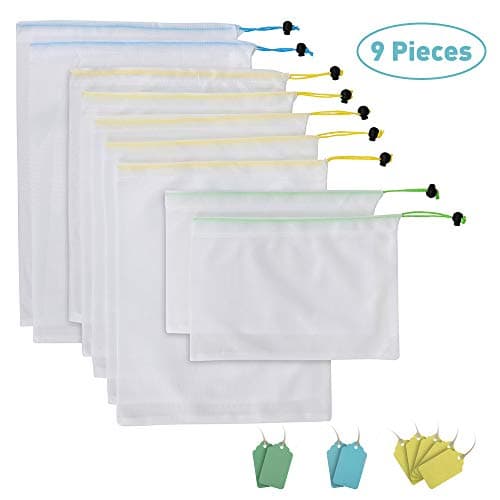 SHINEURI Storage Bag Set of 9 Reuse Mesh Produce Bags with Drawstring & Secure Lock Color Card Light Weight Washable Space - saving See-through Storage (2 Large 5 Medium &2 Small)