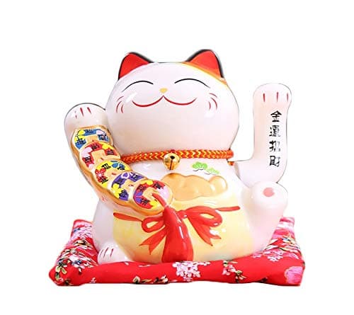 Chinese Feng Shui Porcelain White Lucky Waving Cat Figure With Moving Arm Ceramic Maneki Neko Waving Fortune Cat Statuette for Home Office and Shop Decoration 16x14x16cm/6.3x5.5x6.3inch, B