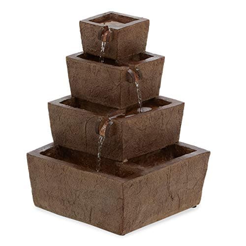 Rustic Gray Stone Look Outdoor Water Fountain Patio Garden Feature Tiered Solar Powered Square Freestanding