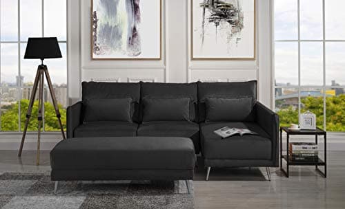 Upholstered 88.1" inch Velvet Sectional Sofa, L-Shape Couch with Rectangular Ottoman (Dark Grey)