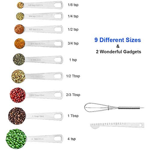 Measuring Spoons Stainless Steel, Set of 11, Includes 9 Stainless Steel Measuring Spoons, Leveler and Whisk, Teaspoon Tablespoon Set for Measuring