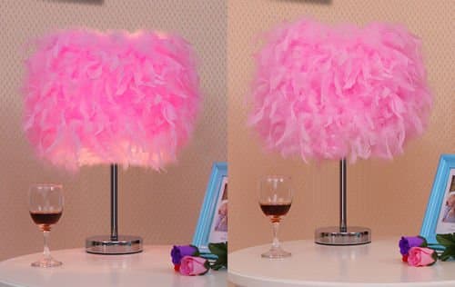 Feather Shade Table Lamp Metal Vintage Elegant Bedside Desk Night Light Decor (Pink)