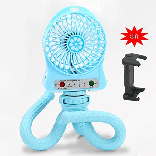 EILIKS Mini Handheld Stroller Fan, Portable Personal Baby Fan with Flexible Tripod Fix on Stroller Student Bed Bike, USB or Battery Powered Desk Fan Adjustable 3 Speeds for Camping/Traveling (Blue)