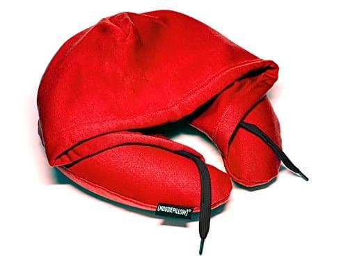 Inflatable Neck Pillow for Airplane Travel, Car, Train or Relaxing at Home. Compact, Comfortable for Your Neck and Includes Privacy Hood - Red