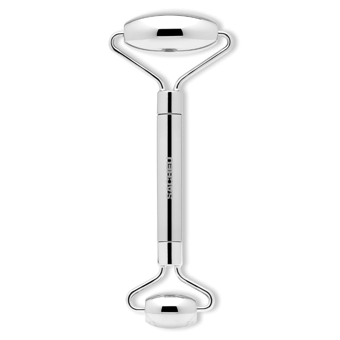 Stainless Steel Face Roller Skin Care and Lymphatic Drainage — Cooling Metal Roller for Puffiness, Wrinkles, and Face Lifting, Dual-Sided Facial and Eye Massager, Includes Travel Pouch