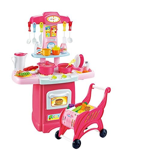 Children's Toys Electronic Kitchen Set, Kids Kitchen Playset and Shopping Cart Chess Set Kitchen Cooking Set Toddler Gift Toy/Lights Sound (Multicolor, 55x13x39cm / 21.65x5.11x15.35in)