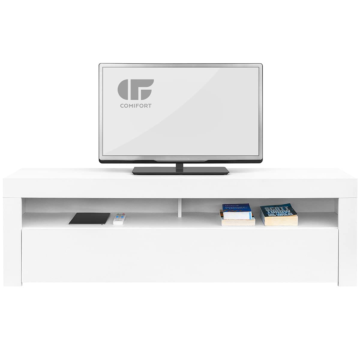 COMIFORT TV Stand - Modern and Stylish Living Room Cabinet with Drop-Down Door and Large Shelves for Storage, Very Sturdy, Made in Europe, White Colour