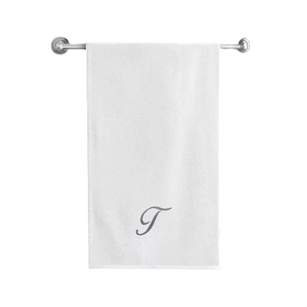 BYFT Embroidered For You (White) Luxury Monogrammed Bath Towel (70 x 140 Cm -Set of 1) 100% Cotton, Highly Absorbent and Quick dry, Classic Hotel and Spa Quality Bath Linen -600 Gsm (Silver Letter T)