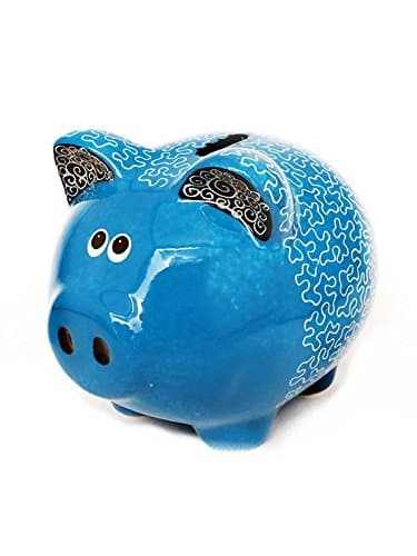 Medium/Large Money Saving Piggy Bank, 'Puzzle Blue' Hand Made & Hand Painted, Premium Ceramic, Gift Box included, Coin Bank, Piggy bank for Adults, piggy banks for kids