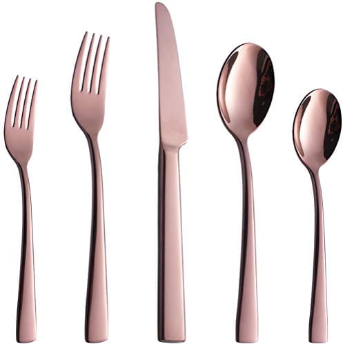 Rose Gold Heavy Silverware 20-Piece Set, 18/10 Stainless Steel Flatware Cutlery Set of 4, Stainless Steel Utensils Knives/Fork/Spoon Service for 4, Mirror Polished, Dishwasher Safe (Copper)
