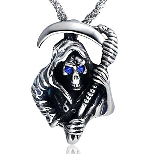 Scythe Death Grim Reaper Skull Punk Rock Stainless Steel Men Pendant Necklace, Carving A God of Death and Sickle Shape, Black Eyes