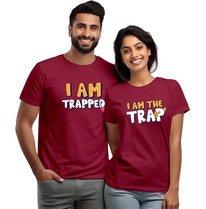 Wear Your OpinionCouple T-Shirt for Couple| Anniversary | Cotton Printed Unisex T-Shirt| Husband Wife Printed T-Shirt | Valentine Printed Unisex T-Shirt (Design: Trapped)