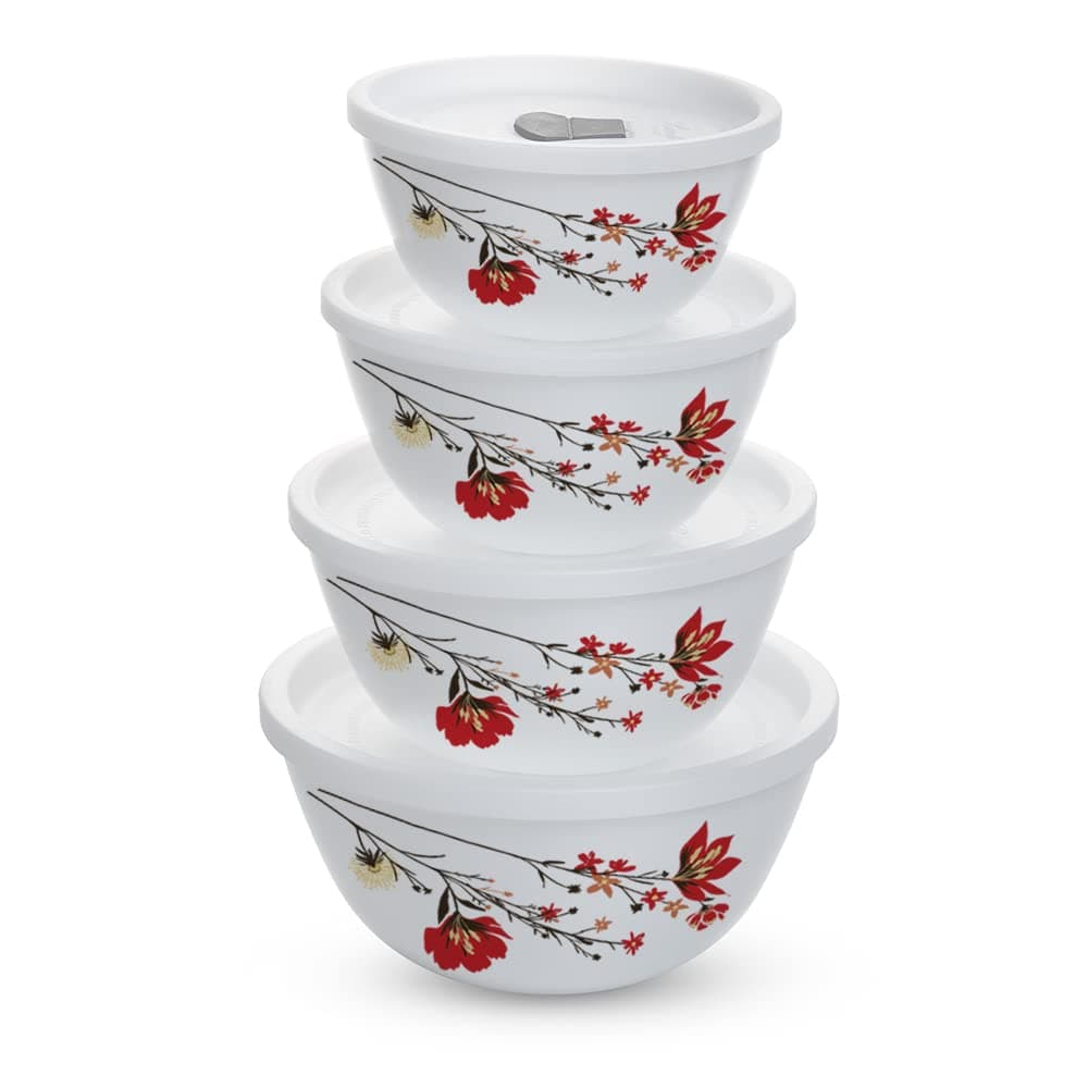Larah by Borosil Chrys Red Set of 3 Mixing & Serving Bowls with Lids, Microwave Safe (500 ml, 1 L & 1.5 L)
