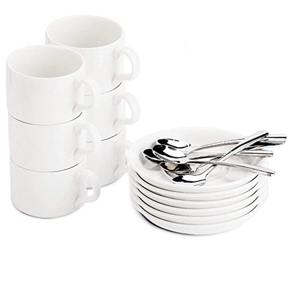 Espresso Cups with Spoons and Saucers - Demitasse Cups/Mugs - Set of 18 pcs - 5 Ounce White Mugs (Gift Package)