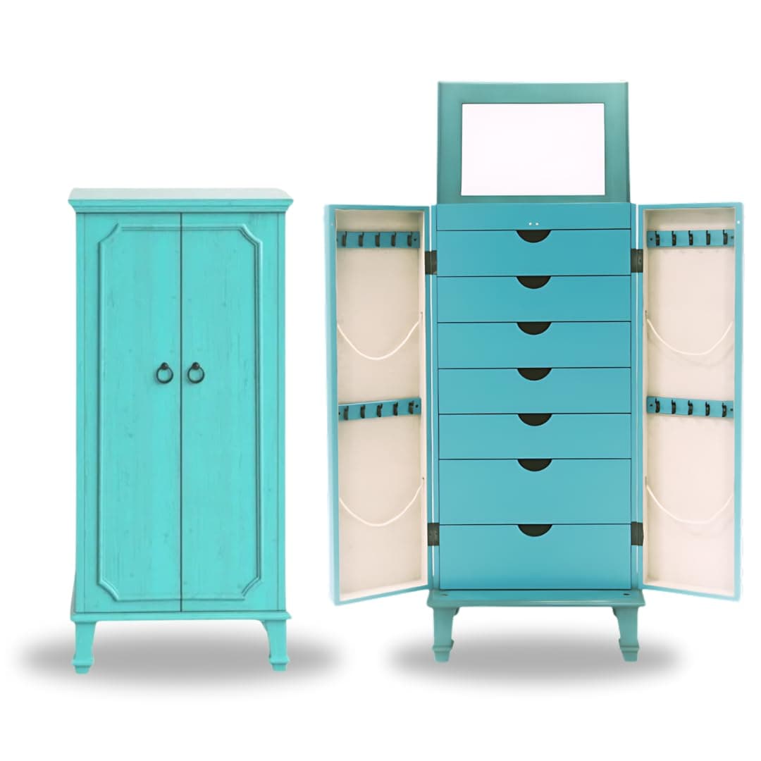 Hives and Honey Carly Standing Jewelry Armoire – Fully Locking Jewelry Organizer, 7 Drawers, Necklace Hooks, Mirror, Ring Rolls, Anti-Tarnish Lining, Solid Wood Construction, Turquoise
