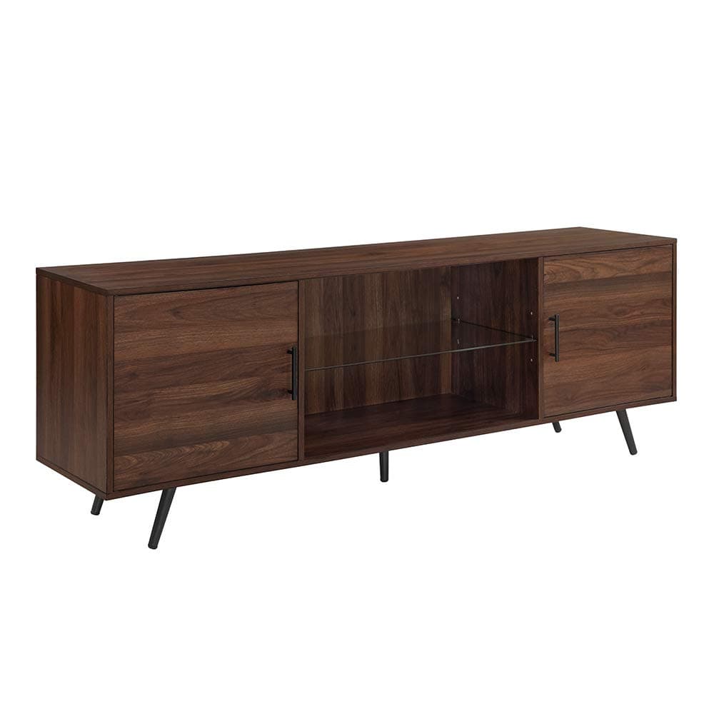 Saxon Mid Century Modern 2 Door Glass Shelf TV Stand for TVs up to 80 Inches, 70 Inch, Dark Walnut