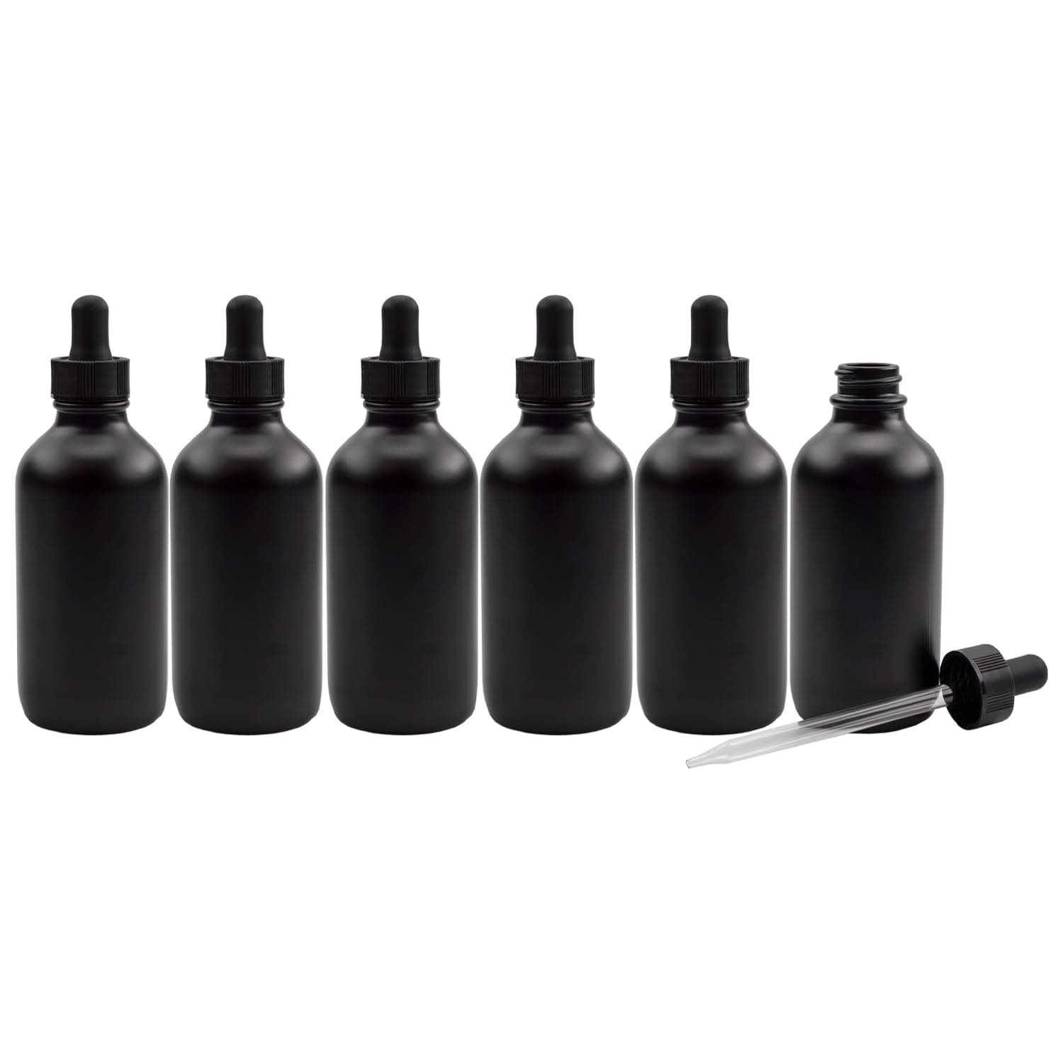 Cornucopia Brands 4oz Black Glass Dropper Bottles (Pack of 6) Refillable Glass Eye Dropper Containers for Essential Oils, Cosmetics, and Cooking