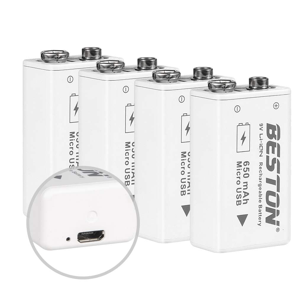 BESTON USB Rechargeable 9V Batteries, 650mAh / 5460mWh Lithium Ion Rechargable 9 Volt Battery, 4 Pack